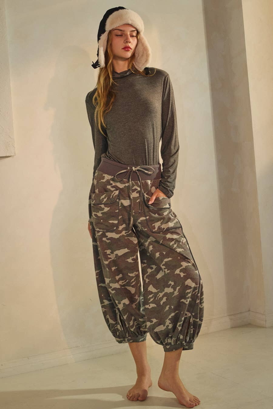 Acid Washed Camo Print Cropped Jogger Pants