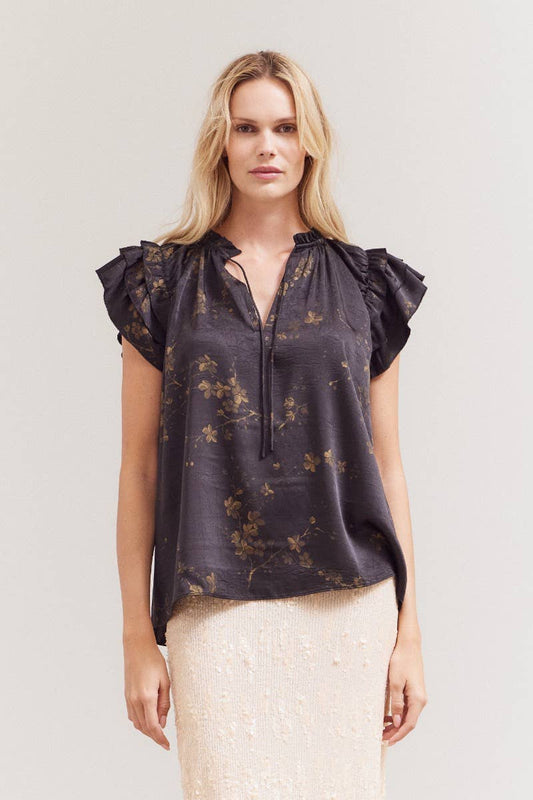 Black Floral Printed Top w/Ruffles
