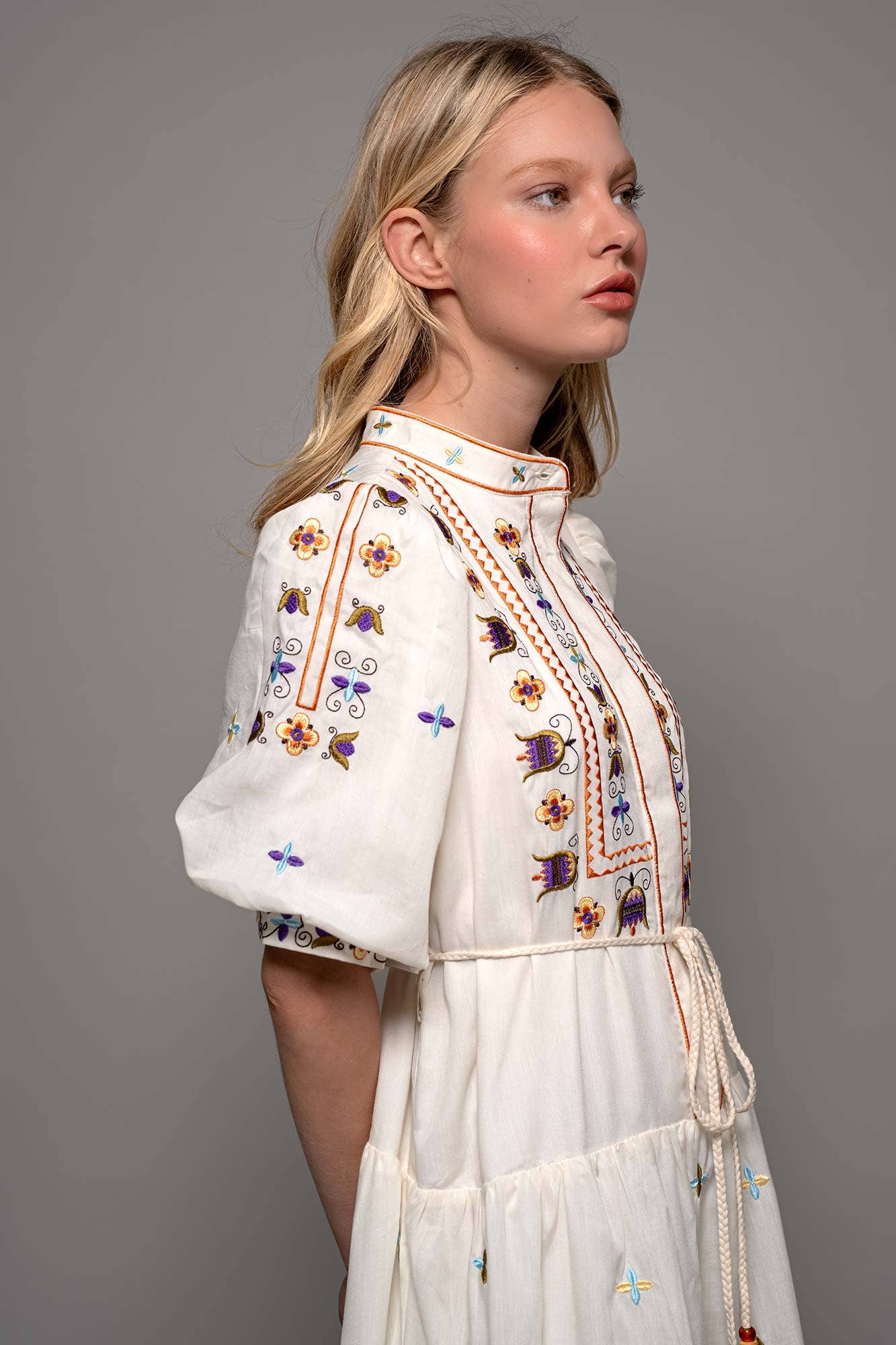 Embroidered Balloon Sleeve Tiered Midi Dress