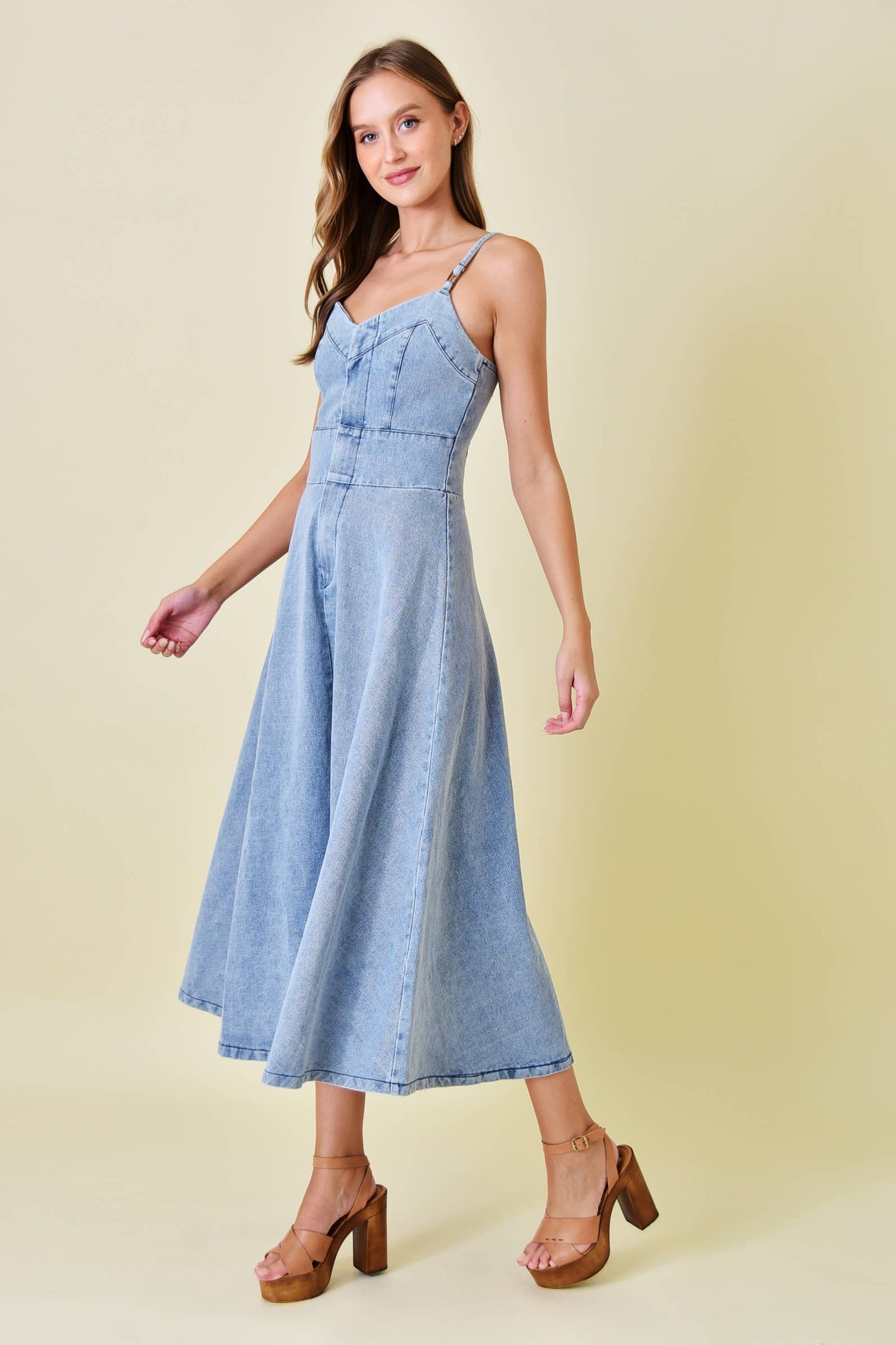 VINTAGE WASH SPG STRAP A-LINE MIDI DENIM DRESS