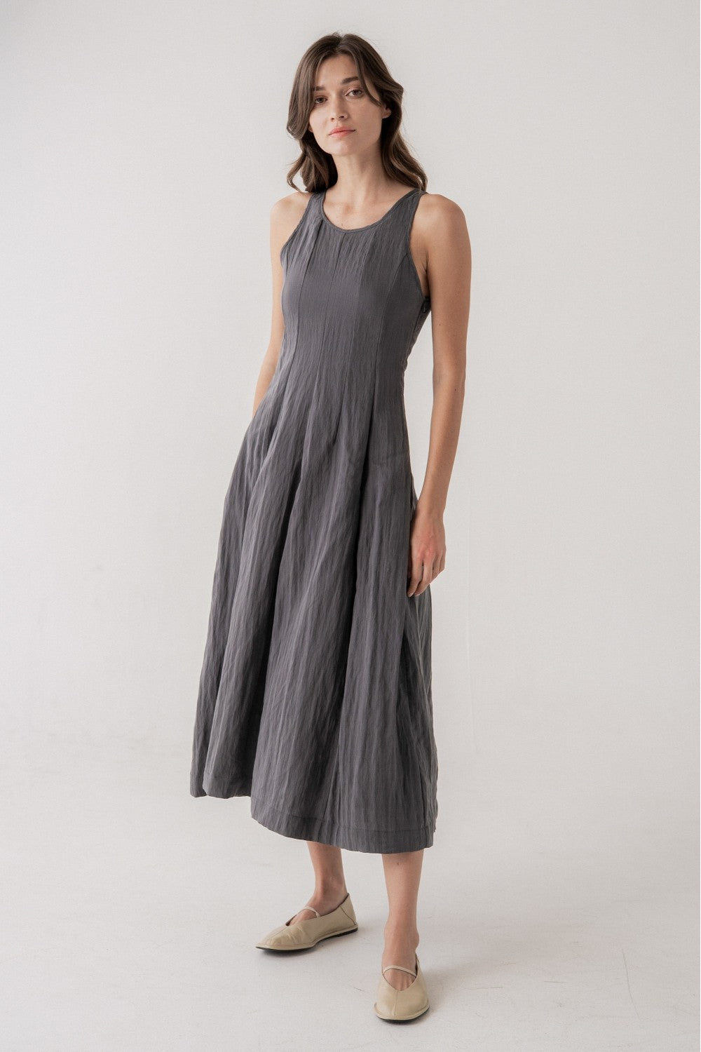Sleeveless Flowy Midi Dress - Stone Grey