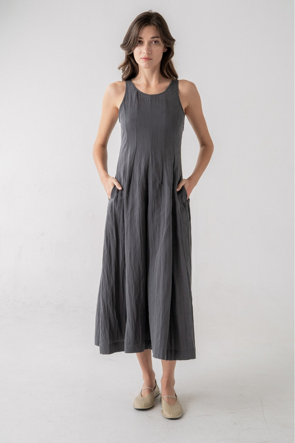 Sleeveless Flowy Midi Dress - Stone Grey