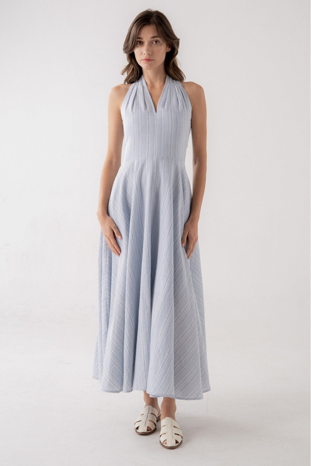 Halter Midi Dress - Light Blue Stripe