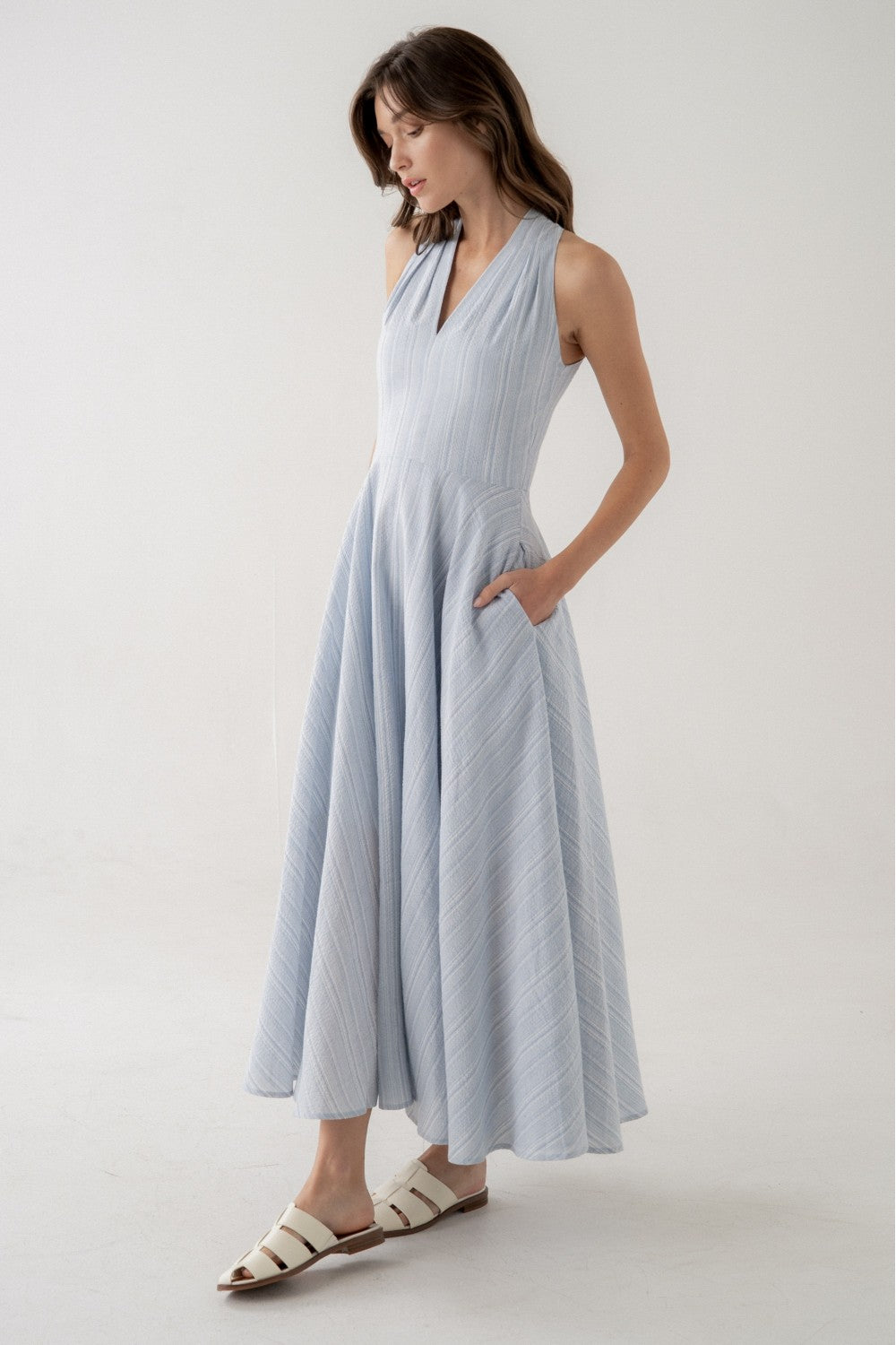 Halter Midi Dress - Light Blue Stripe