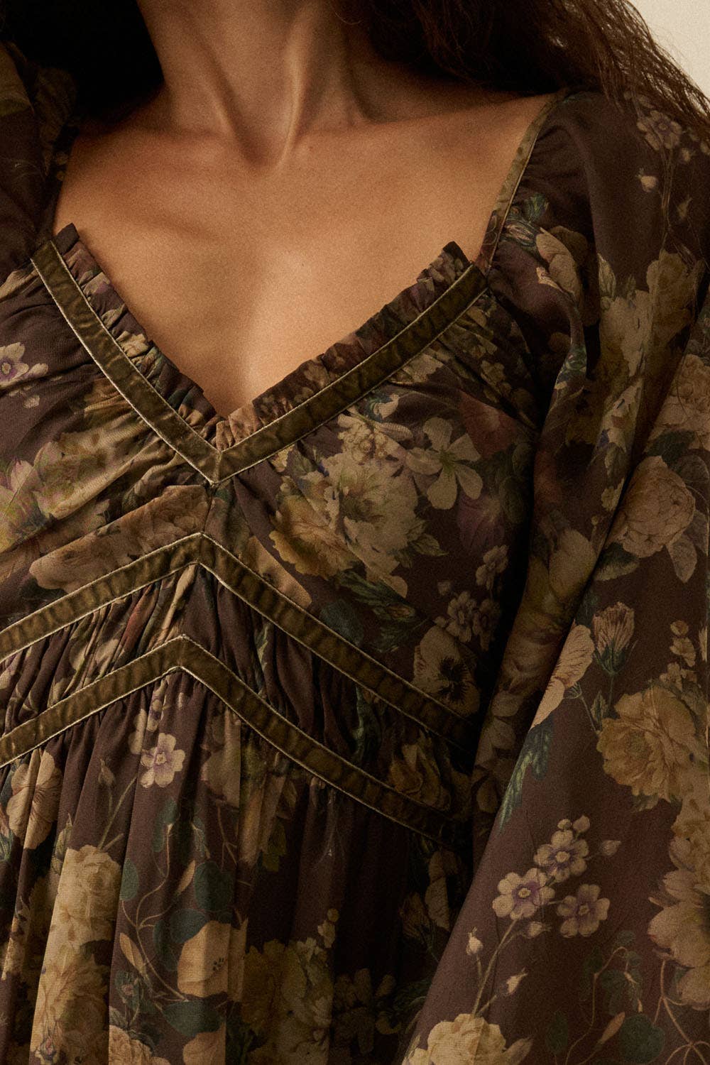 Floral-Print Velvet-Trimmed Maxi Peasant Dress