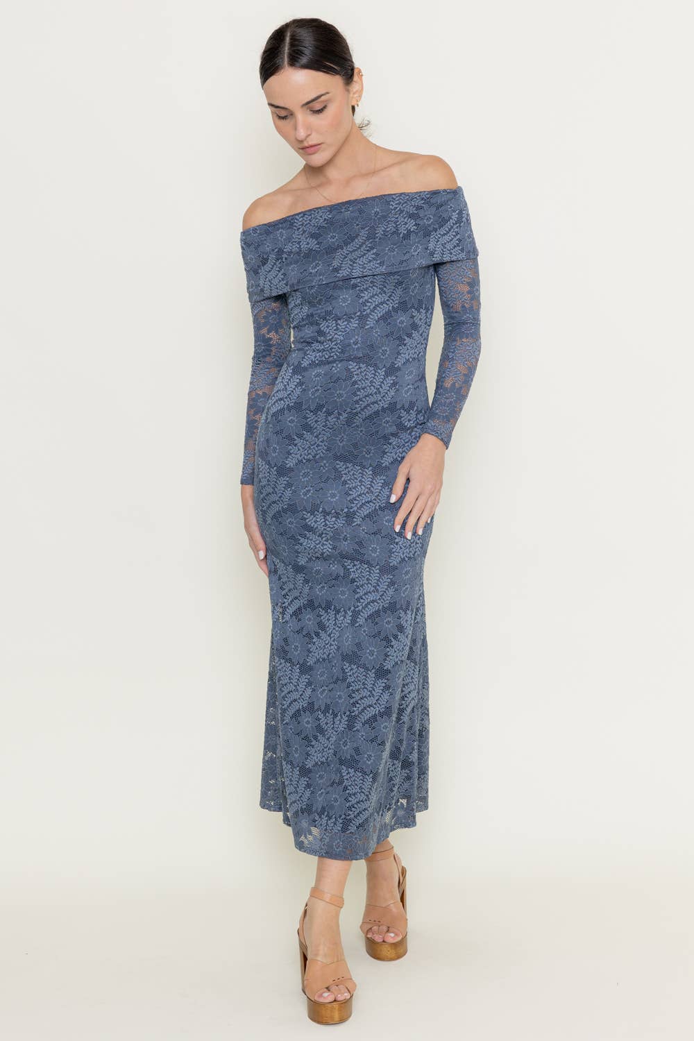 LACE FOLD OVER NECKLINE LONG SLEEVE MAXI DRESS