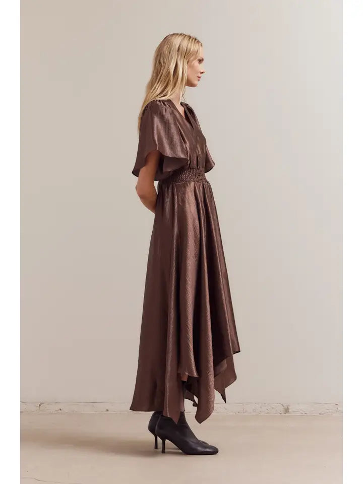 Unbalanced Wrinkle Satin Maxi Dress - Chocolate