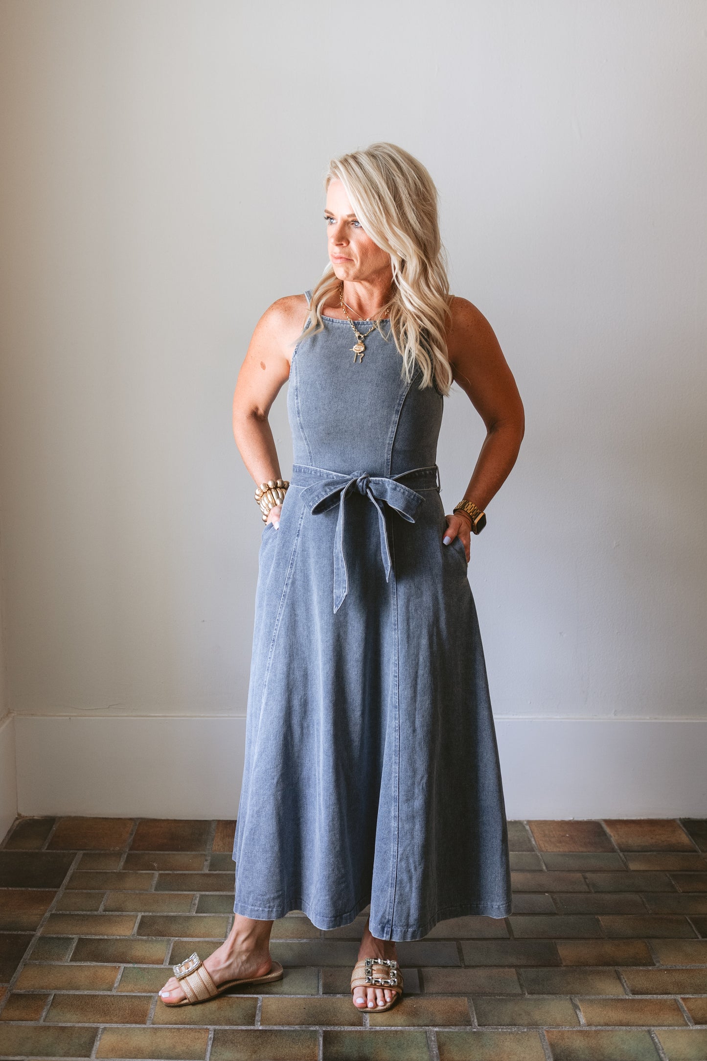 Washed Denim Midi Dress