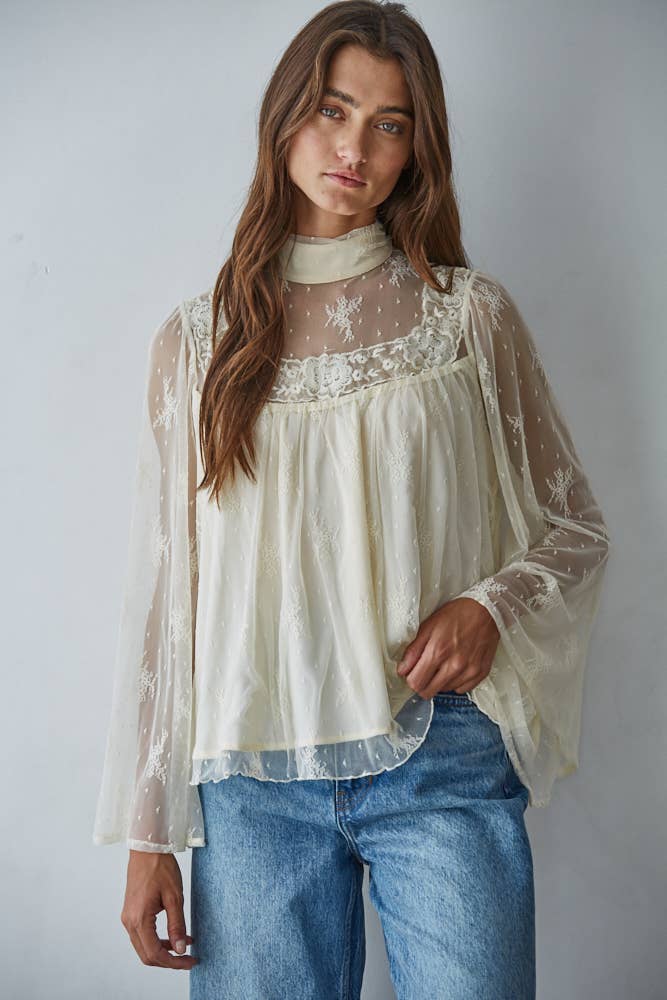 Cream Lace Mock Neck Long Bell Sleeve Blouse