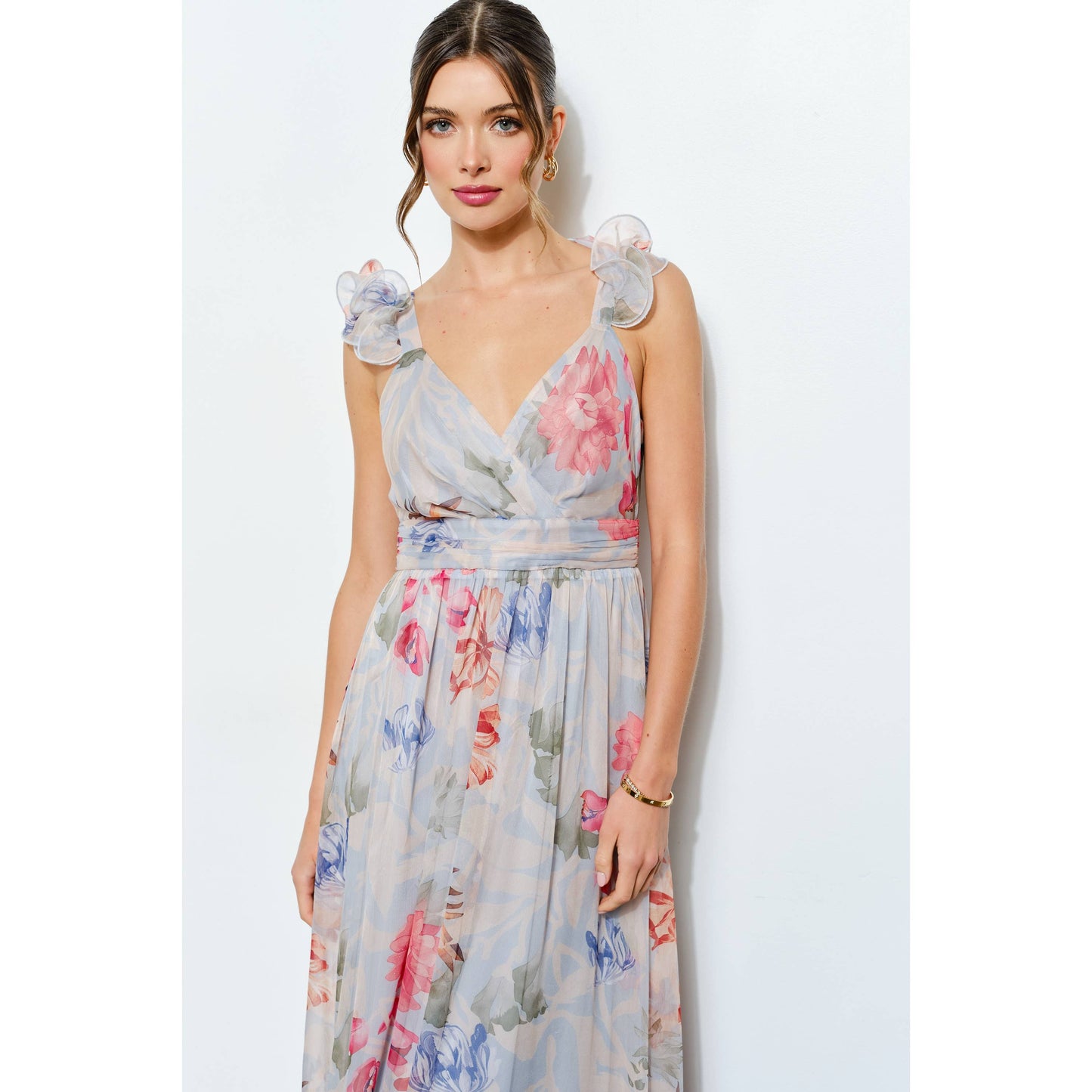 Ruffled Shoulder Floral Chiffon Tiered Maxi Dress