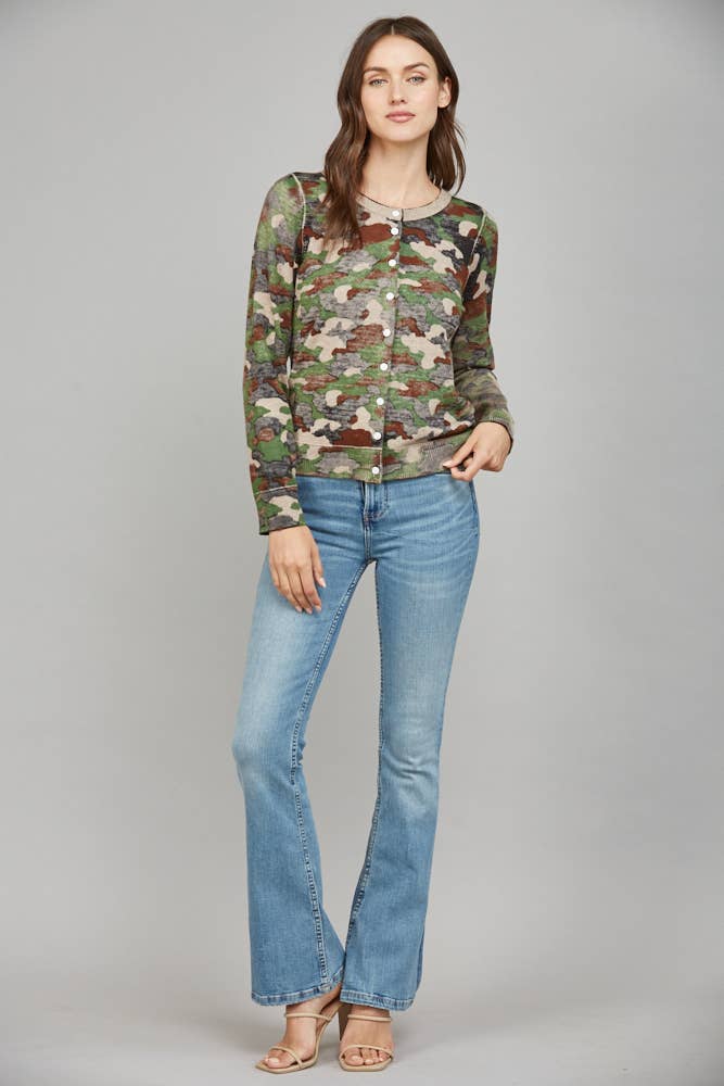 CAMO PRINT FRONT BUTTON CLOSURE CARDIGAN