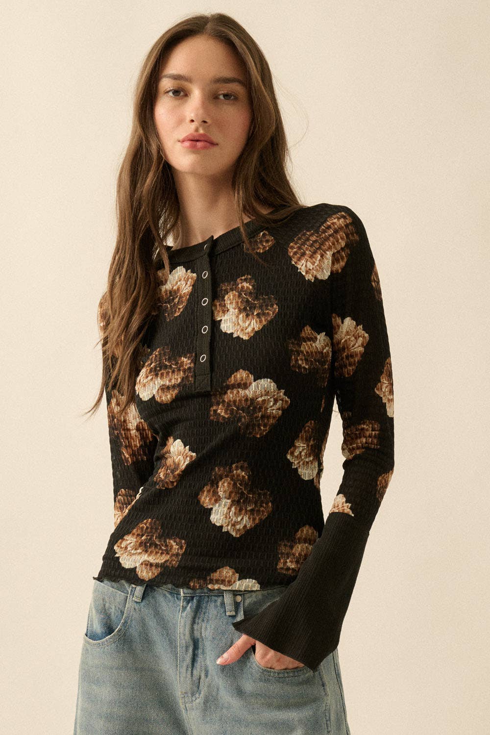 Floral Honeycomb Mesh Raglan-Sleeve Henley Top