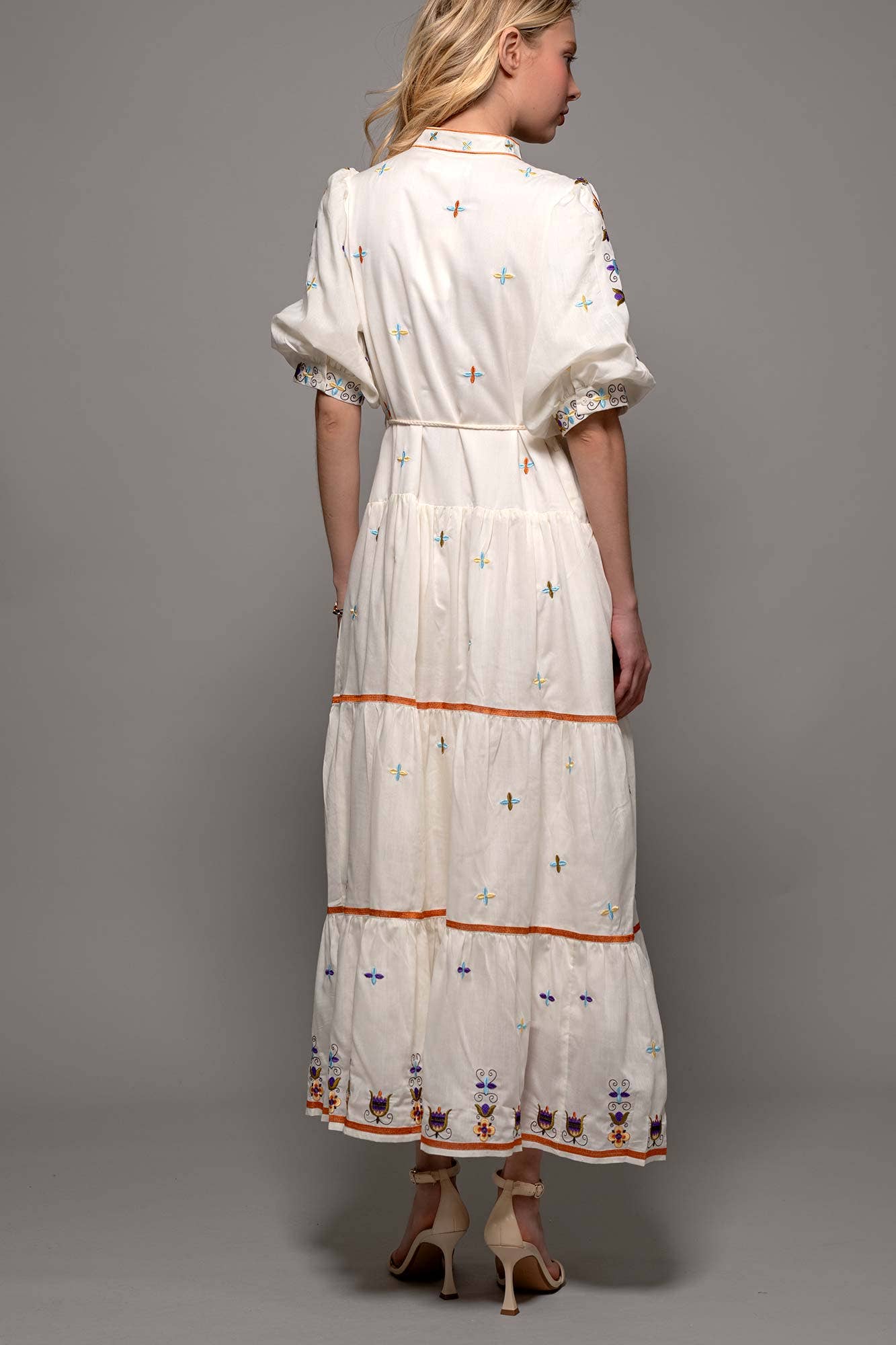 Embroidered Balloon Sleeve Tiered Midi Dress