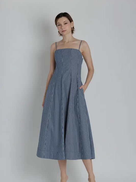 Stiped Panel Midi Dress - Navy