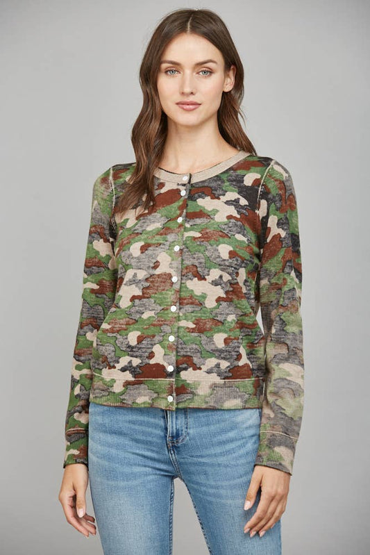 CAMO PRINT FRONT BUTTON CLOSURE CARDIGAN