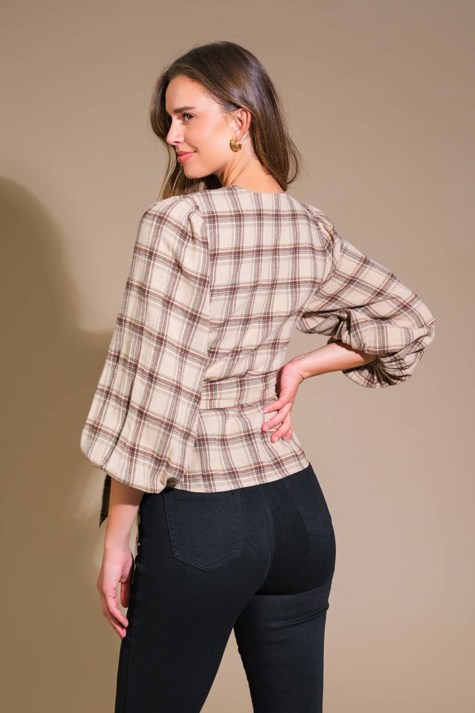 Brown Plaid Tie Waist Top