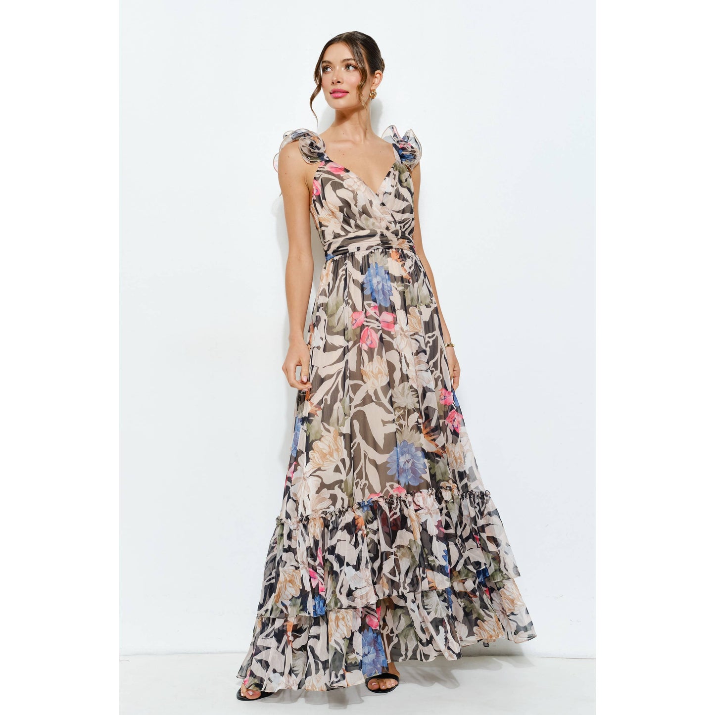 Ruffled Shoulder Floral Chiffon Tiered Maxi Dress