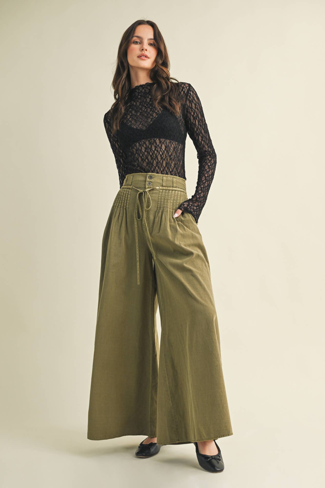 Olive Pintuck Wide Leg Pants