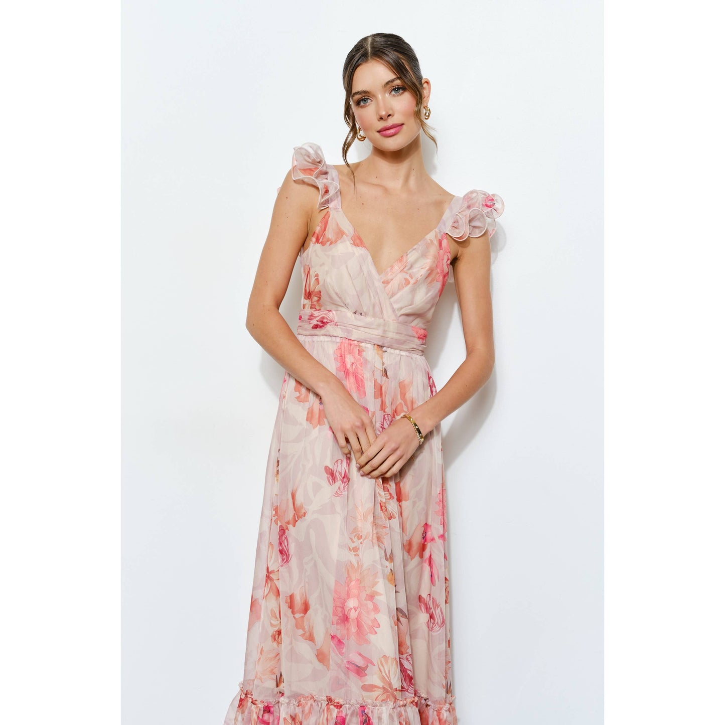 Ruffled Shoulder Floral Chiffon Tiered Maxi Dress