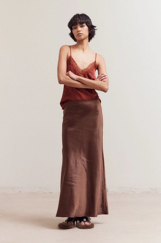 Long Satin Skirt - Chocolate