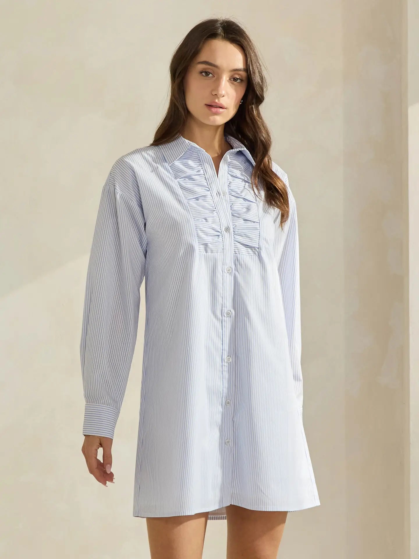 Blue & White Striped Mini Shirt Dress