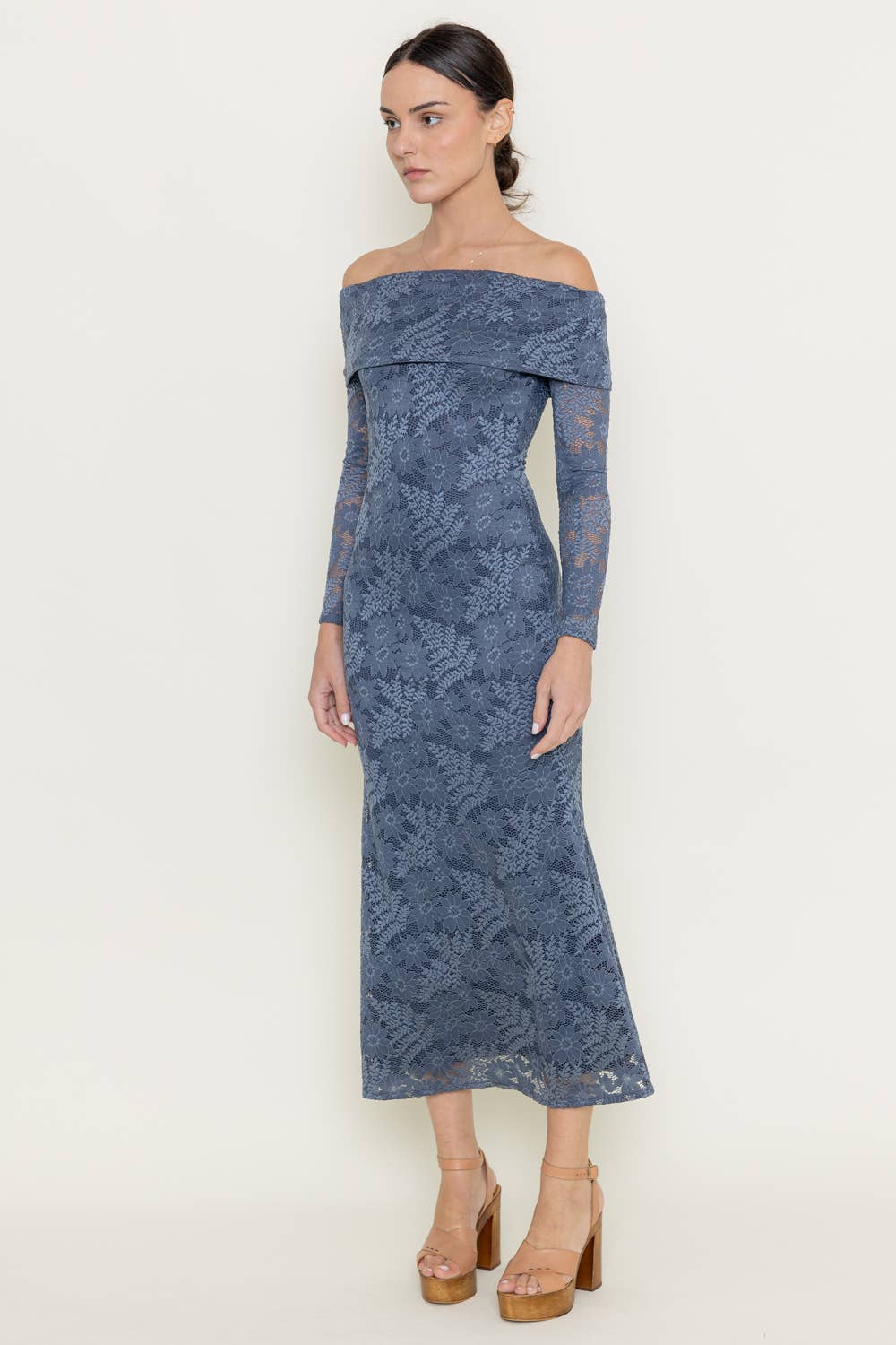 LACE FOLD OVER NECKLINE LONG SLEEVE MAXI DRESS