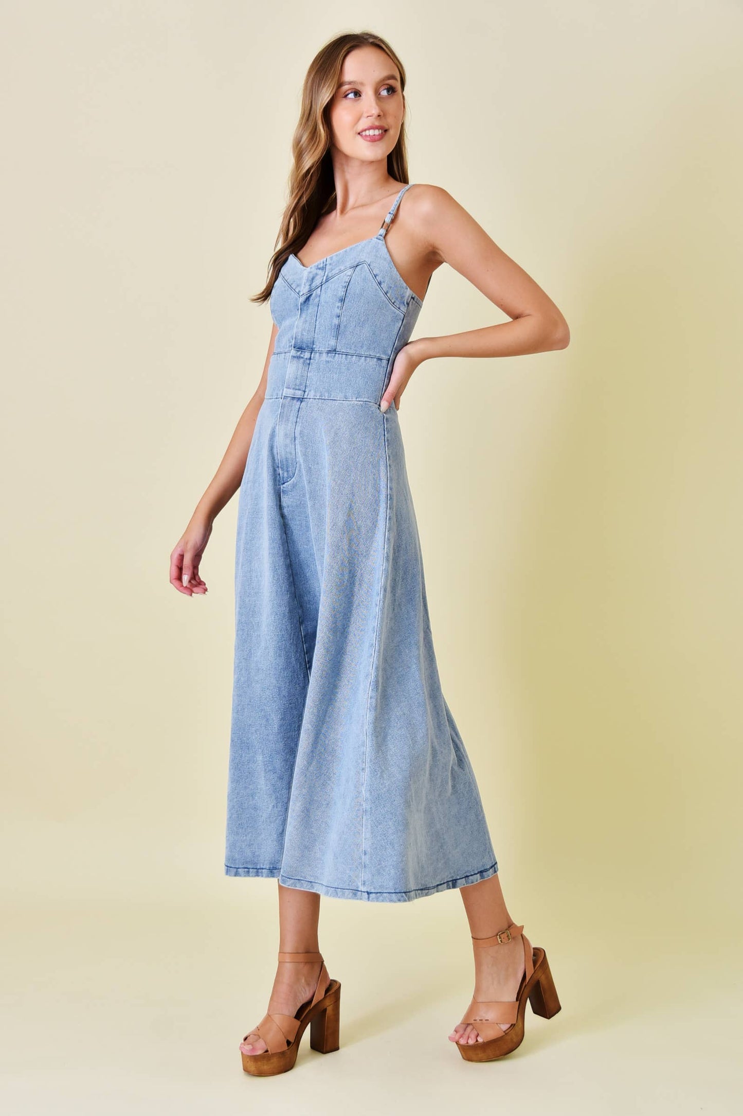 VINTAGE WASH SPG STRAP A-LINE MIDI DENIM DRESS