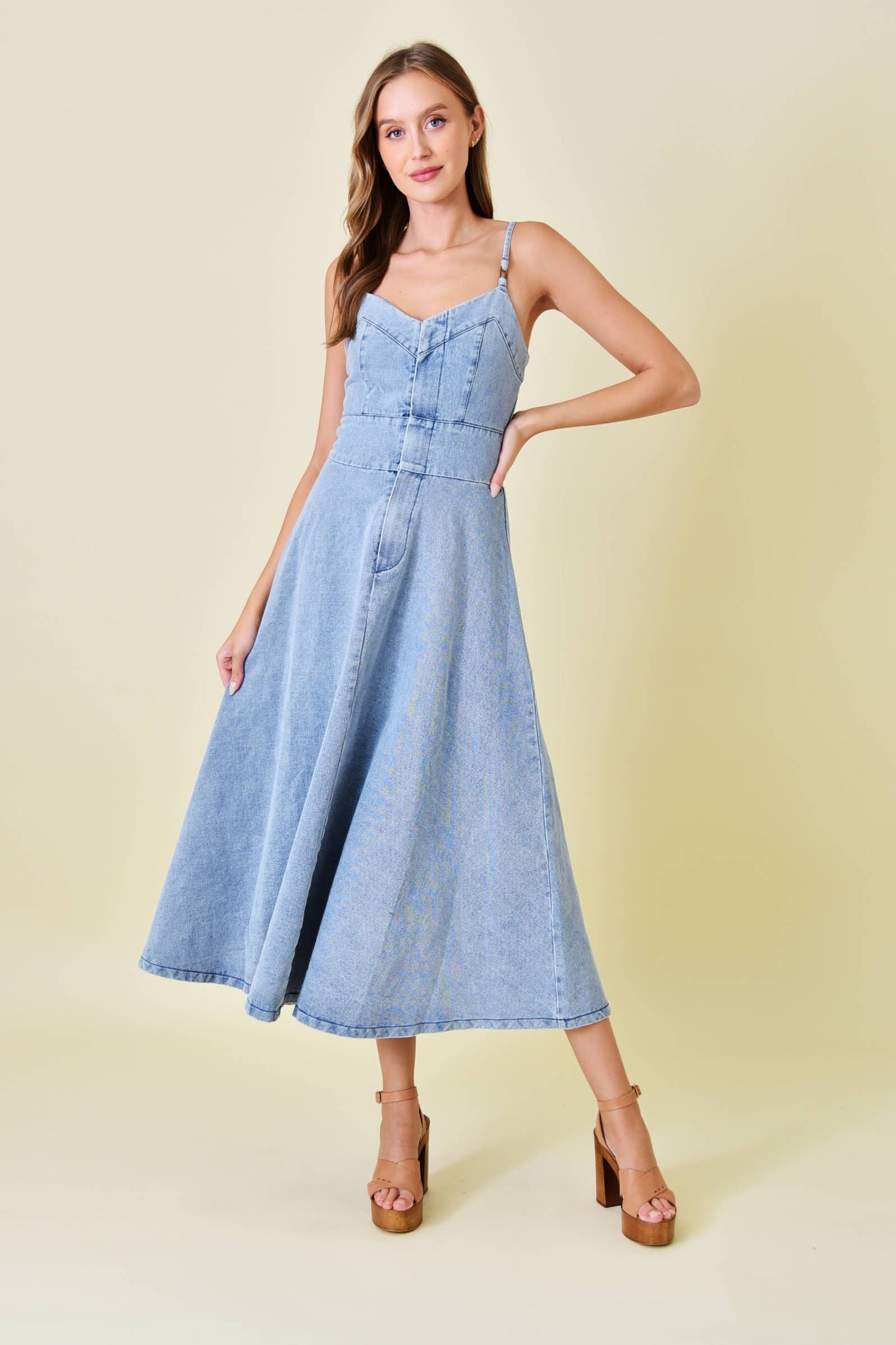 VINTAGE WASH SPG STRAP A-LINE MIDI DENIM DRESS