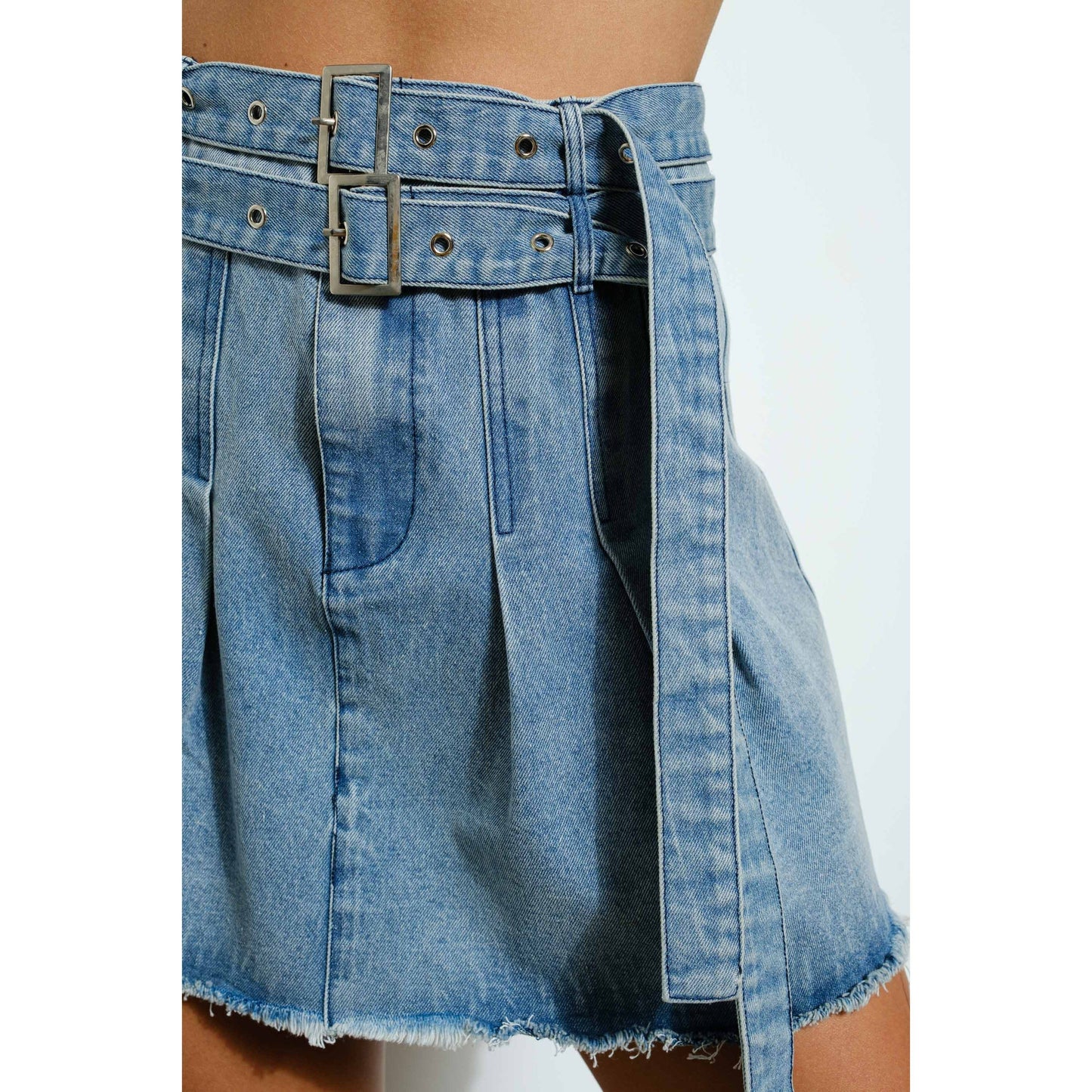 Double Buckle Belted Denim Mini Skirt