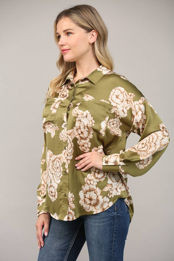 Olive Floral Button Down Shirt