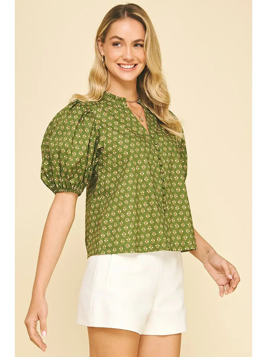Olive Floral Puffed Sleeve Top