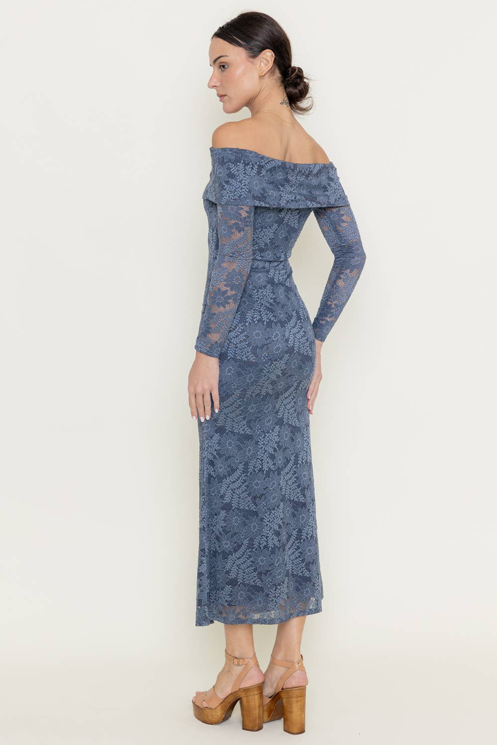 LACE FOLD OVER NECKLINE LONG SLEEVE MAXI DRESS