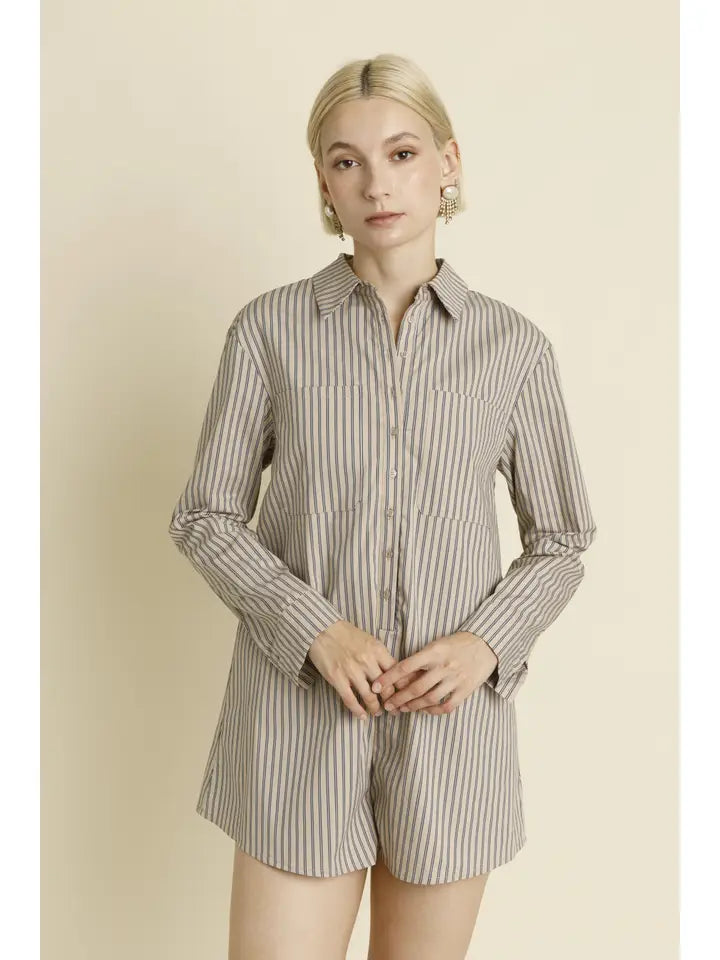 Tan/Navy Oversized Striped Shirt Romper