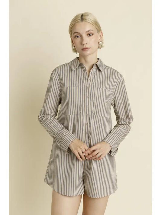 Tan/Navy Oversized Striped Shirt Romper