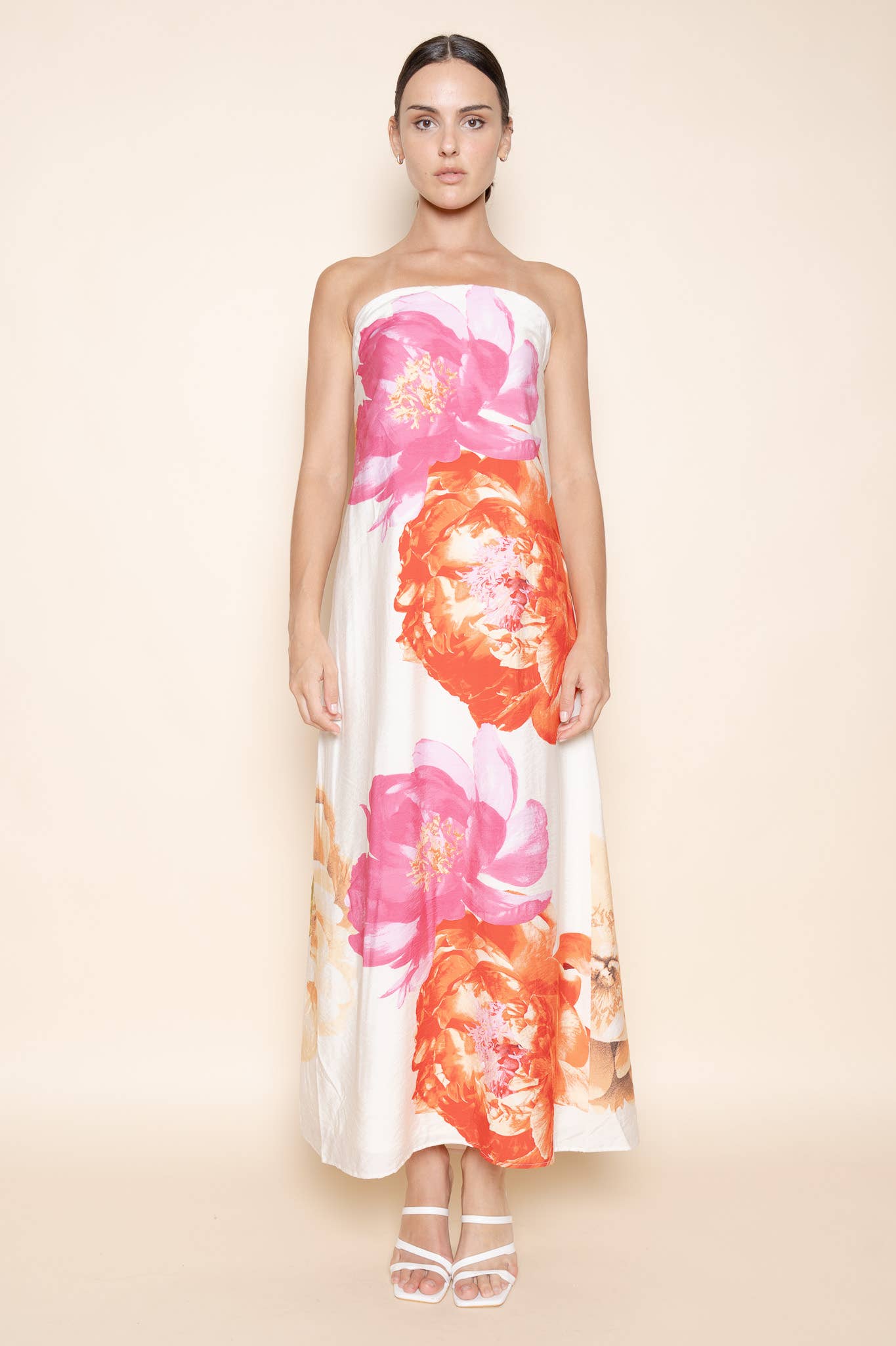 FLORAL STRAPLESS A LINE TIE BACK MAXI DRESS