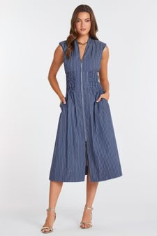 Sky Zip Front Dress - Blue Stripe