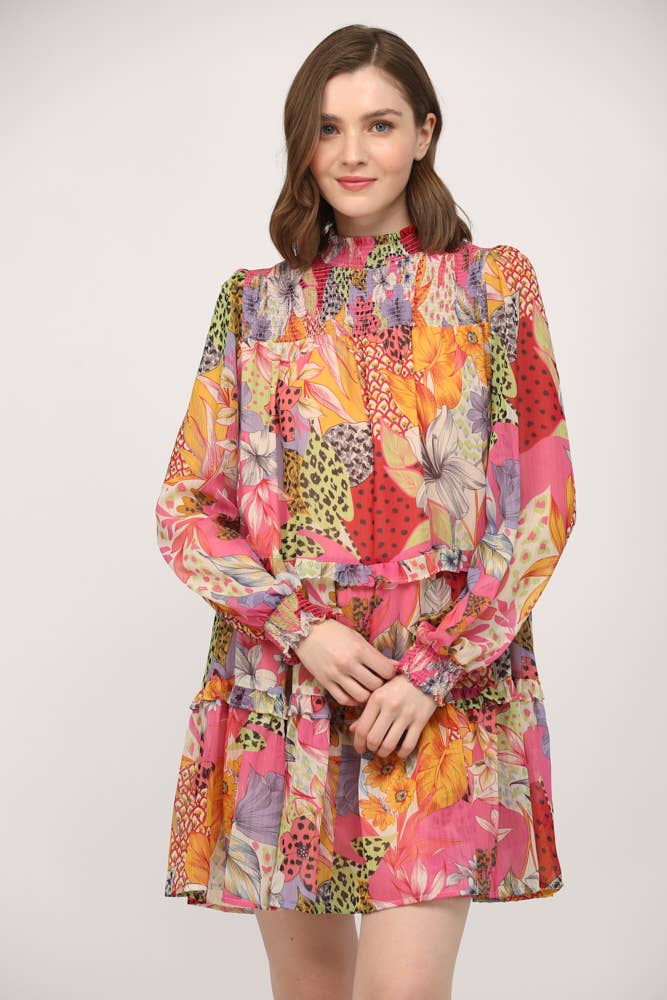 Printed Chiffon Smocked Yoke Dress