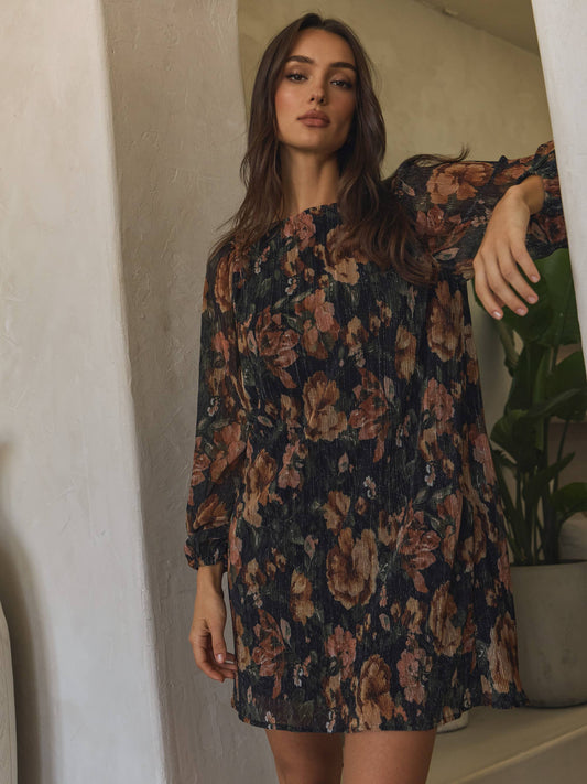 Metallic floral print mini dress