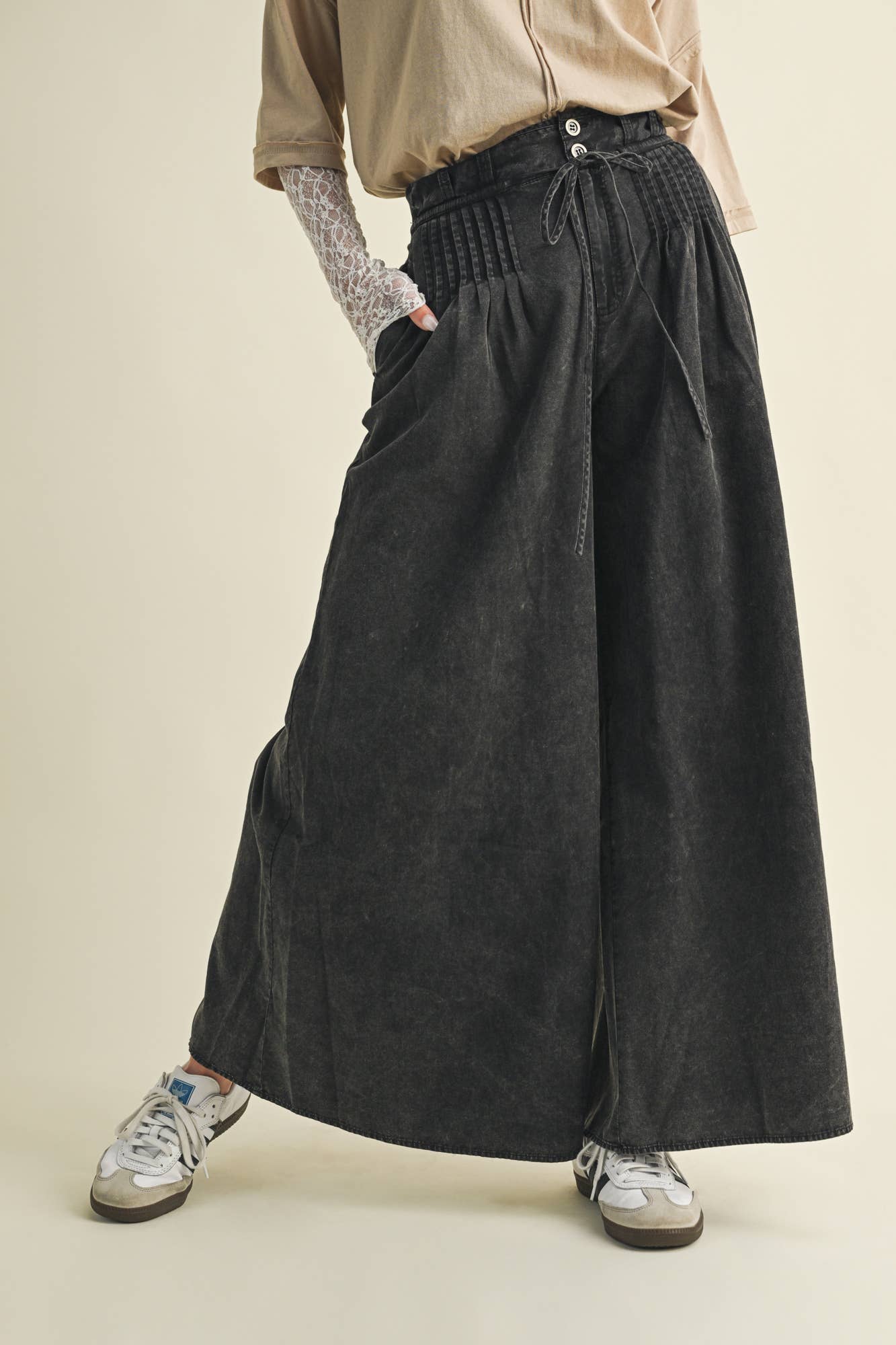 Olive Pintuck Wide Leg Pants