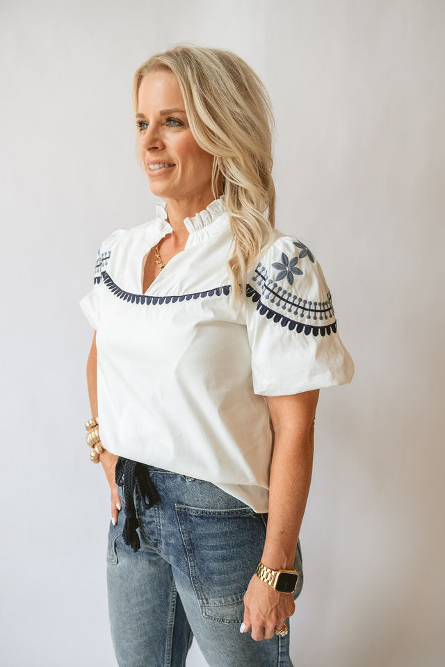 Embroidered Puff Sleeve Top