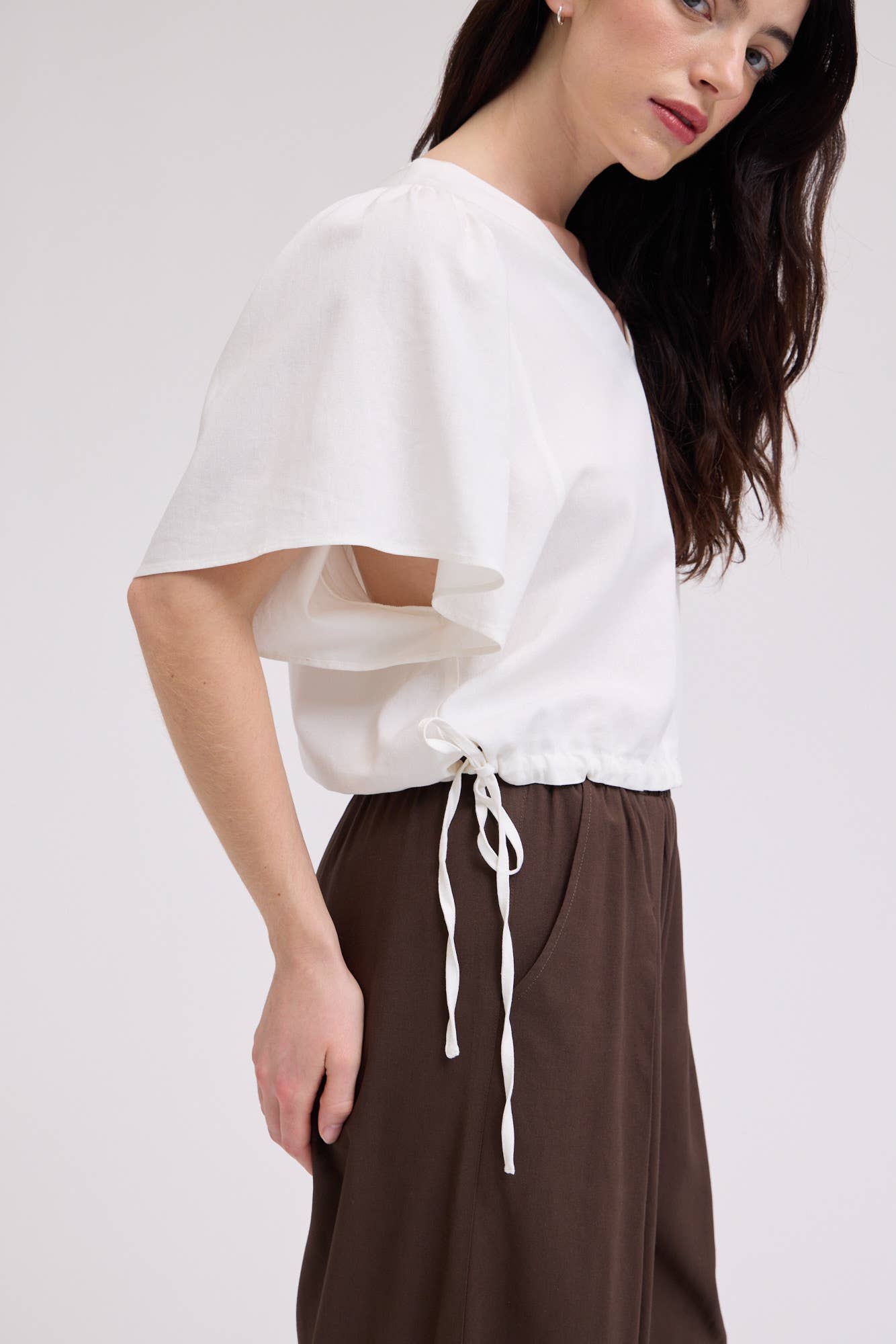 DRAWSTRING LINEN BLEND BLOUSE