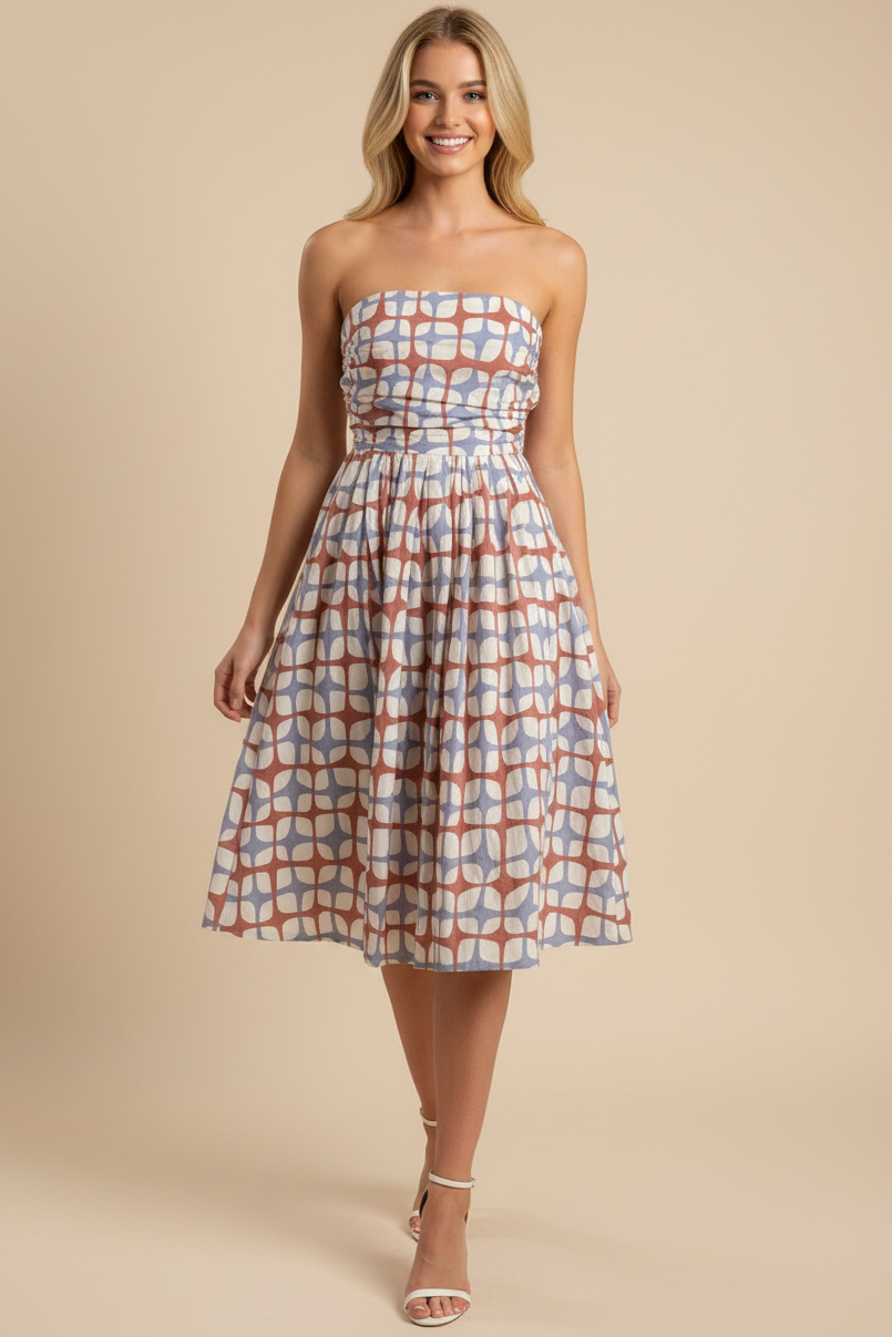 Geometric Print Midi Dress - Red/Blue