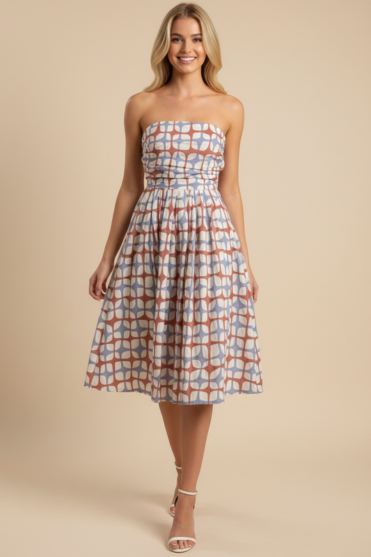 Geometric Print Midi Dress - Red/Blue