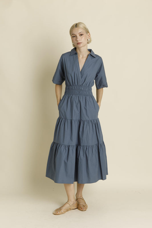 Blue Tiered Shirt Maxi Dress