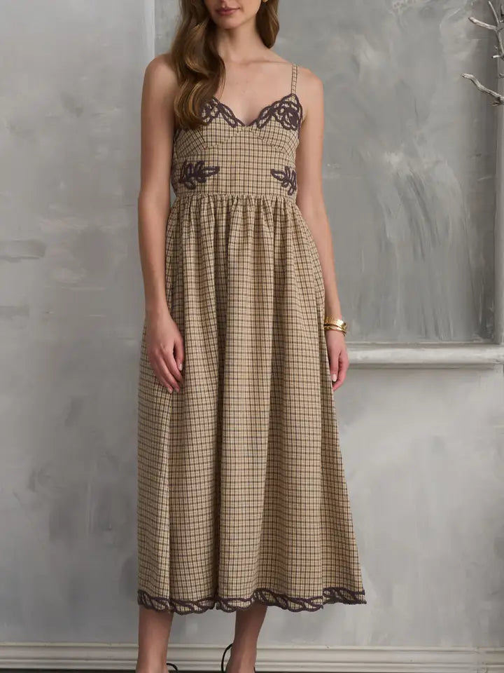 Embroidered Brown Plaid Midi Dress