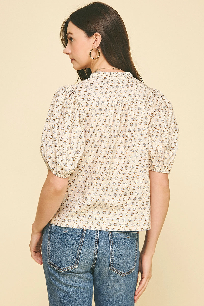 Cream Floral Puffed Sleeve Top