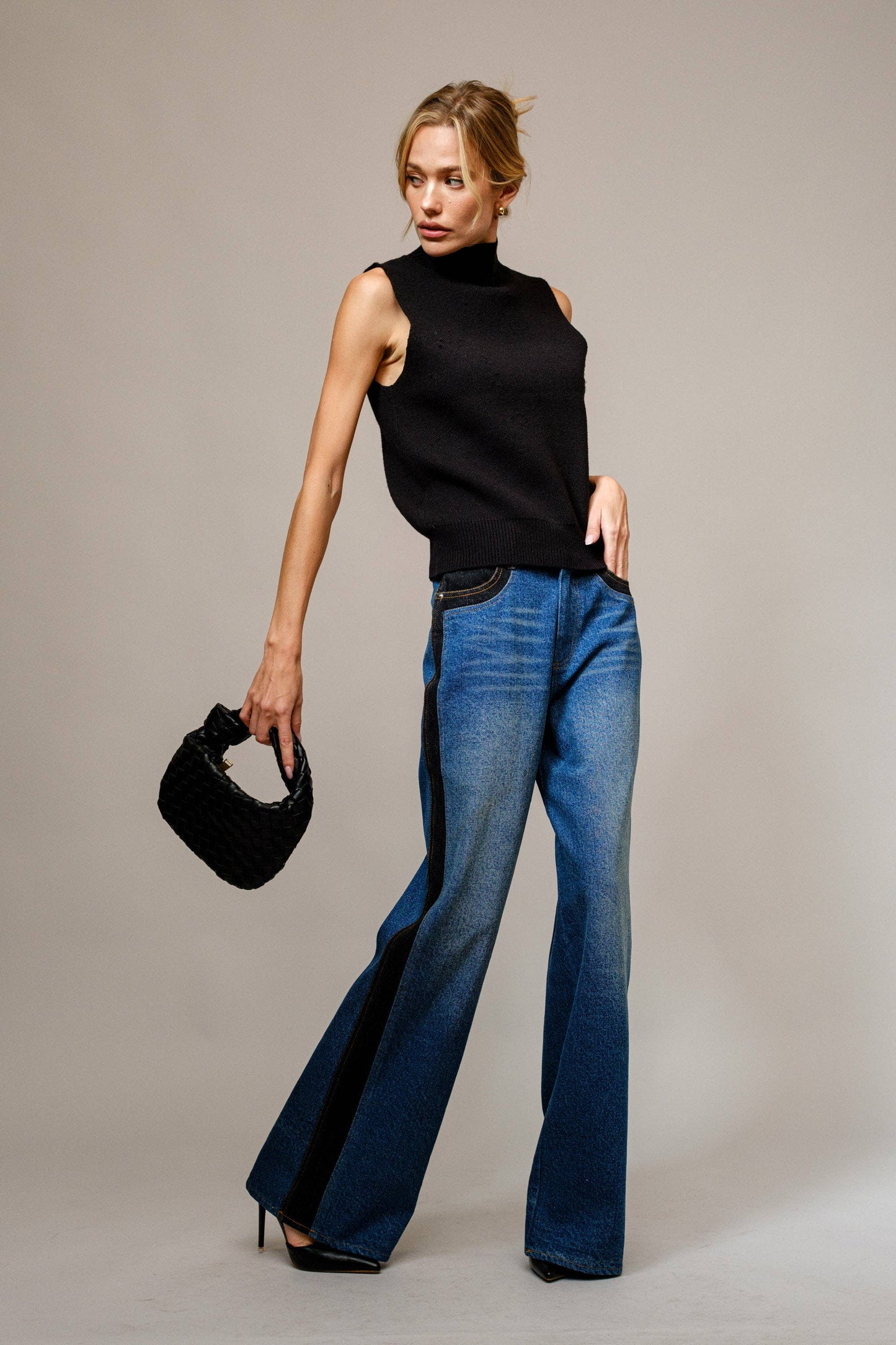 Western Two Tone Panel Wide Denim Jeans