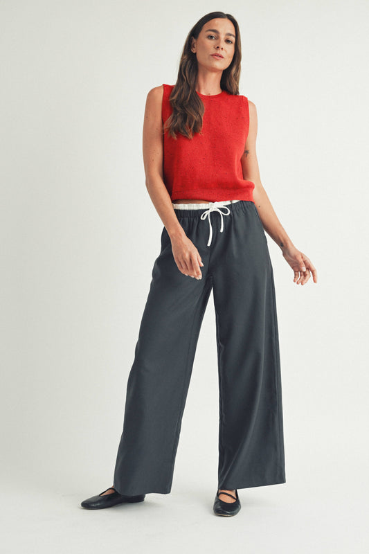 CONTRAST DETAILED WIDE LEG SLACKS
