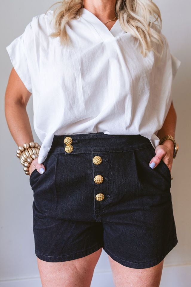 Black Denim Buttoned Shorts