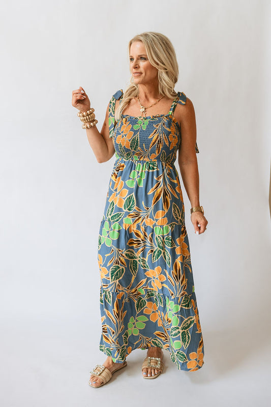 Shoulder Tie Smocked Maxi Dress